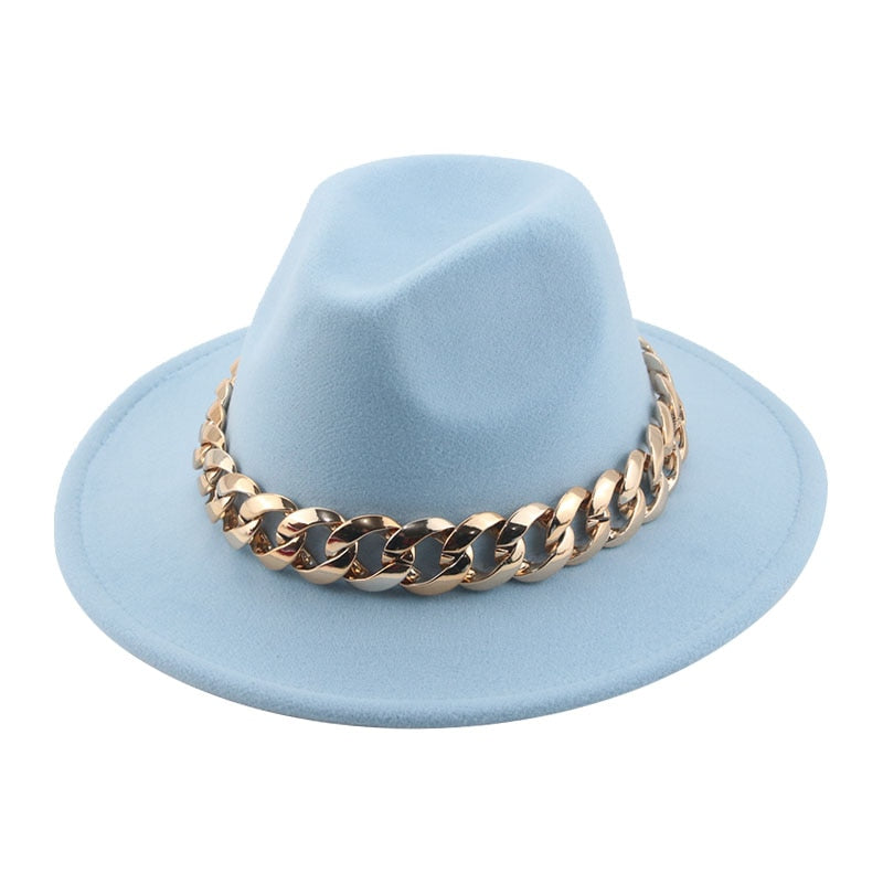 Unisex Gold Chain Design Wide Brim Panama Fedora Hat