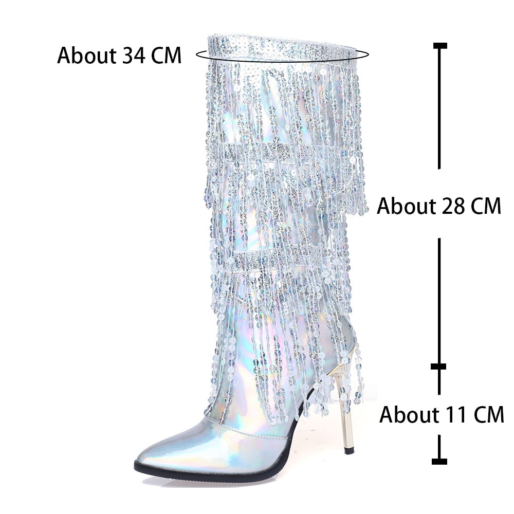 Mirror Metallic Fringe Tassel Detail Glitter Pointed Toe Mid-Calf Women's Boots