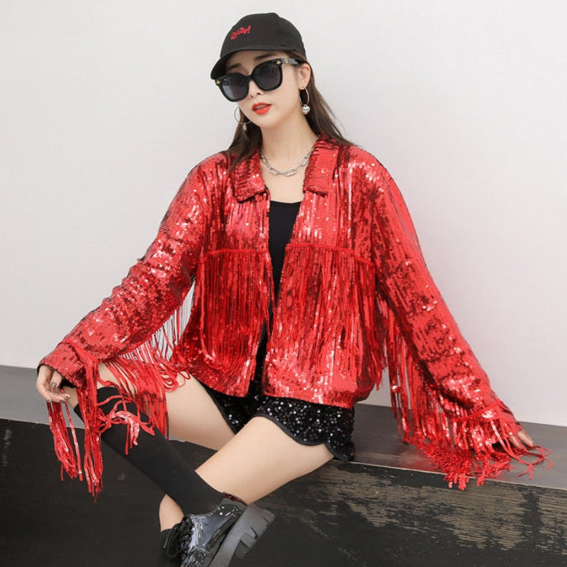 Sequin Metallic Tassel Fringed Beaded Bomber Jacket