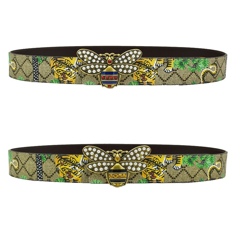 Unisex Gold/Silver Tiger/Dragon/Eagle/Butterfly Pattern Alloy Smooth Buckle Diamond Leopard Head Leather Belts