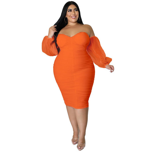 Off Shoulder Mesh Sleeve Midi Bodycon Dress to 4X Plus