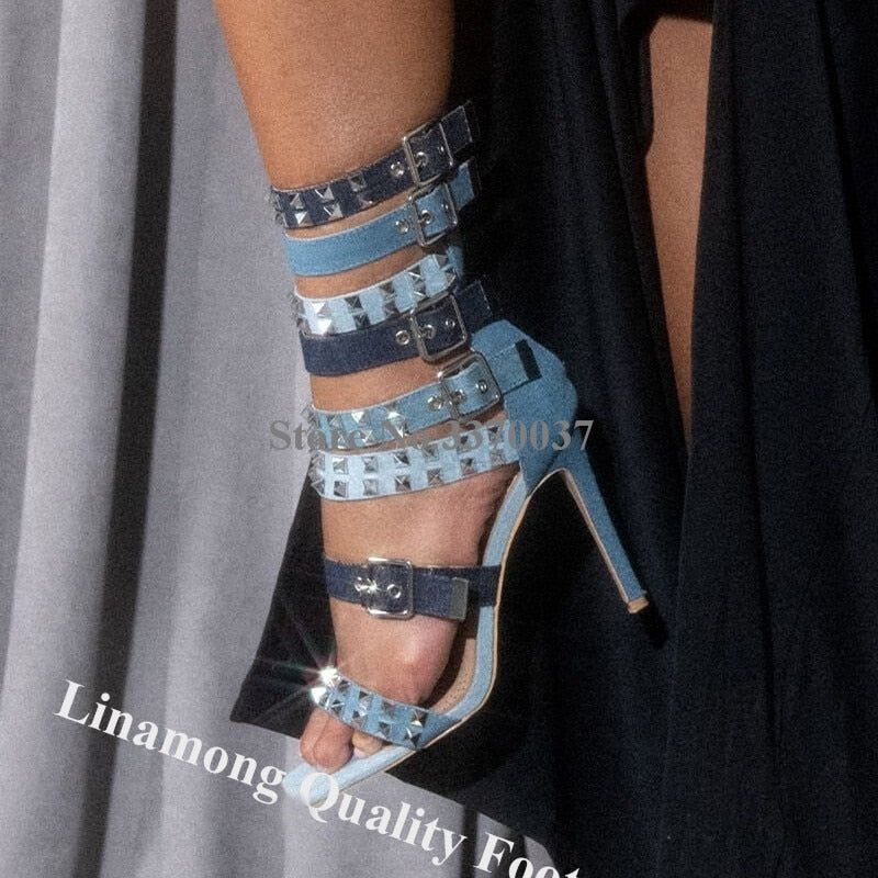 Metal Rivet Buckle Gladiator Denim Patchwork Stiletto Studded Sandal Pumps