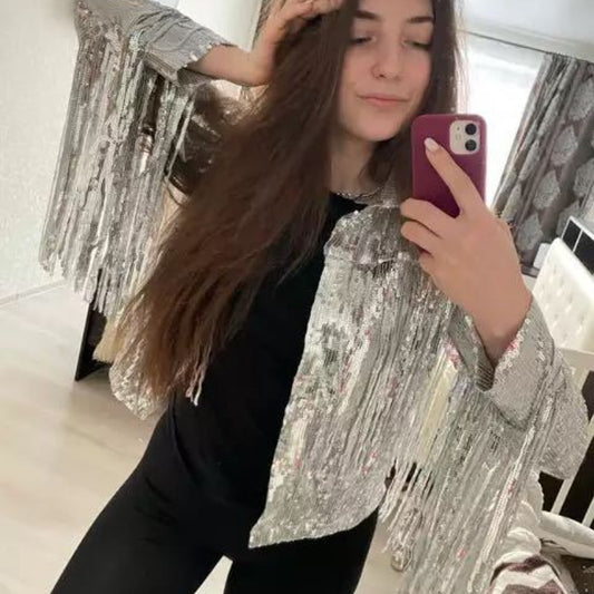 Sequin Metallic Tassel Fringed Beaded Bomber Jacket
