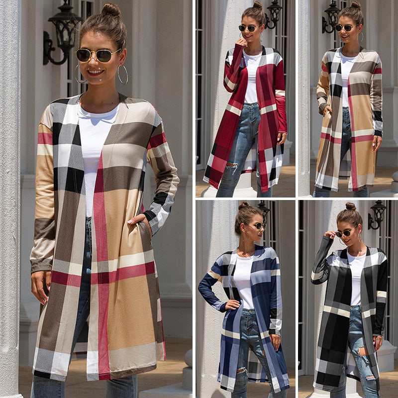 Checkered Plaid Ladies Maxi Cardigan