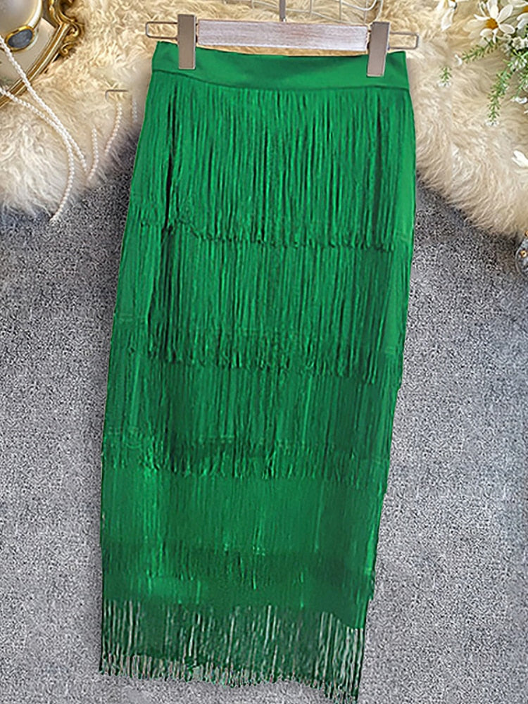 Tassel Fringe Bodycon Pencil High Waist Midi Plus Skirt to 3X