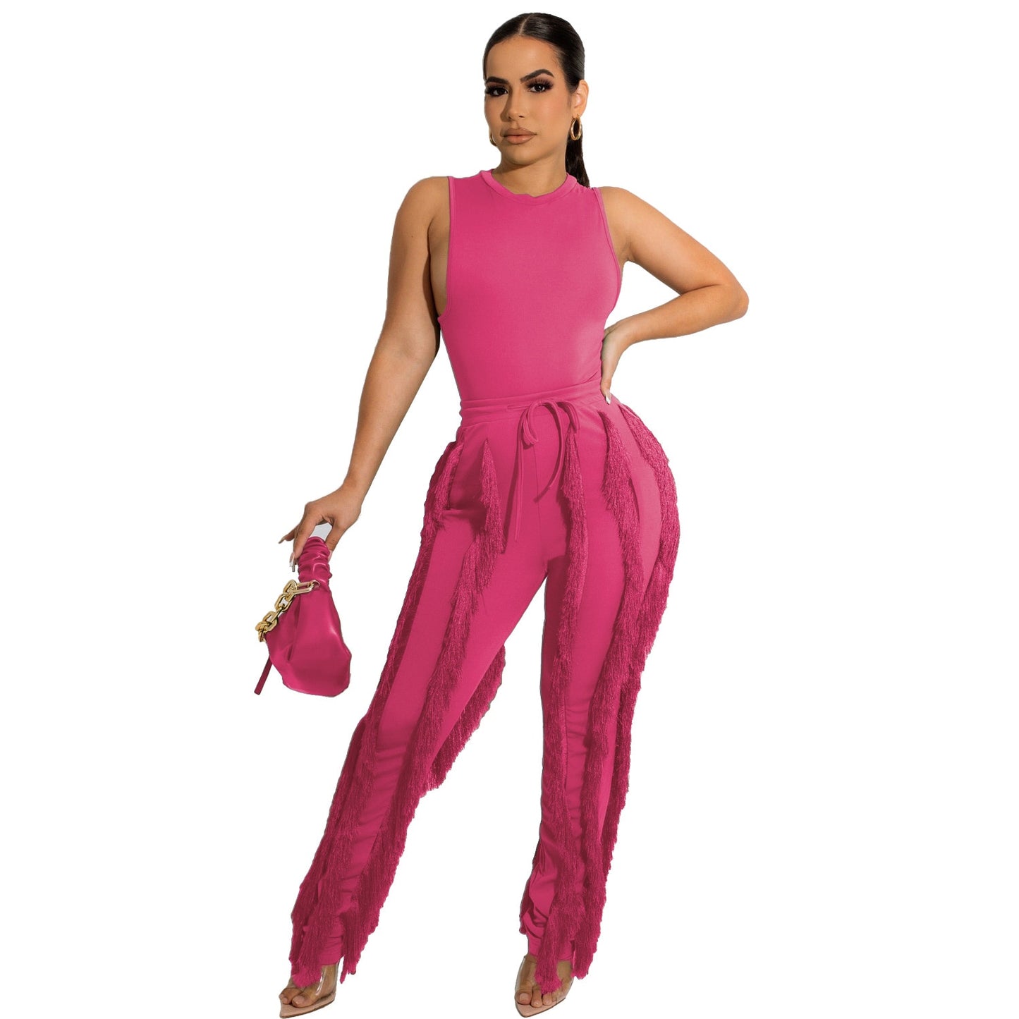 Sleeveless Top & Tassel Side Straight Pants 2-Piece Set