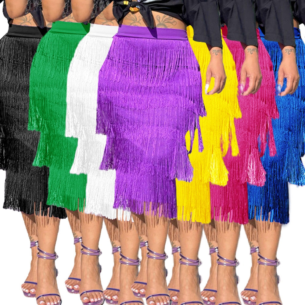 High Waist Tassels Midi Flapper Skirt to 4X