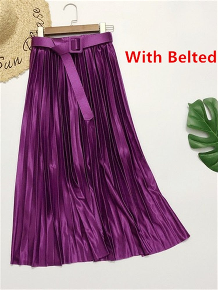 Satin Loose Pleated Solid Color High Waisted Maxi Skirt