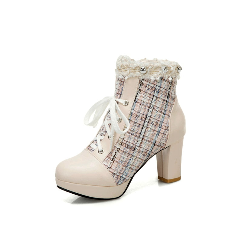 Tweed Plaid Square High Platform Tweed Lace-Up Ankle Boots