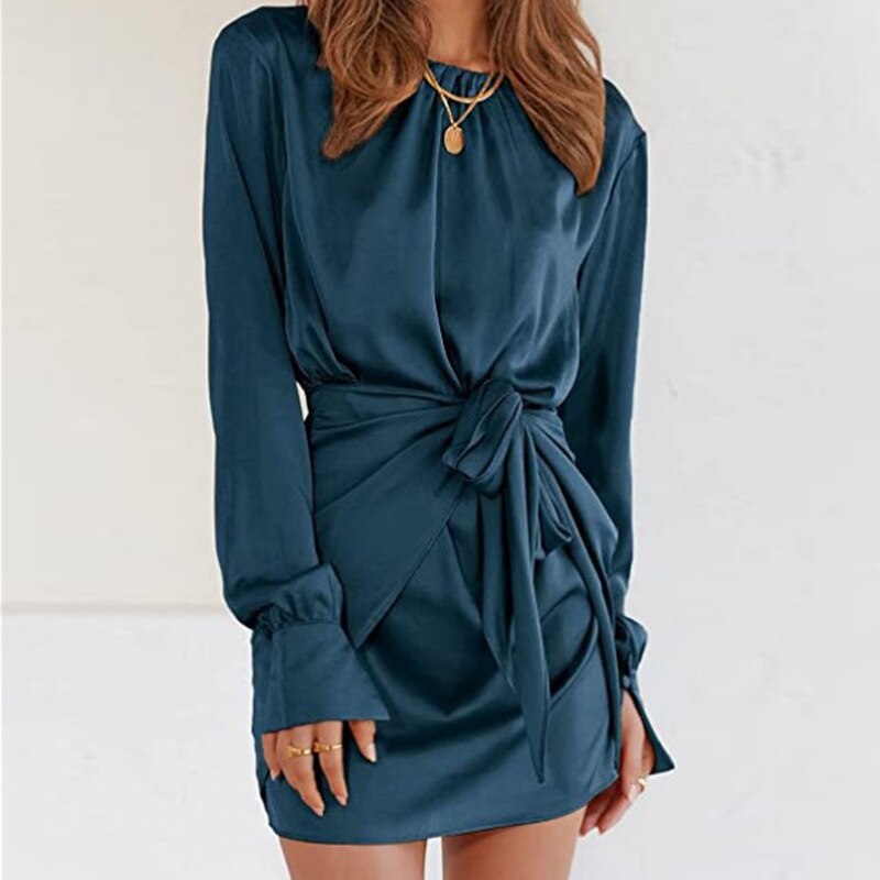 Satin Long Sleeve Round Neck Elastic Lace Dress w/ Belt