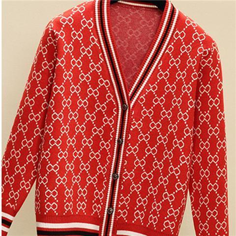 Jacquard Monogram Print Long Sleeve Jacket Button Ladies Sweater