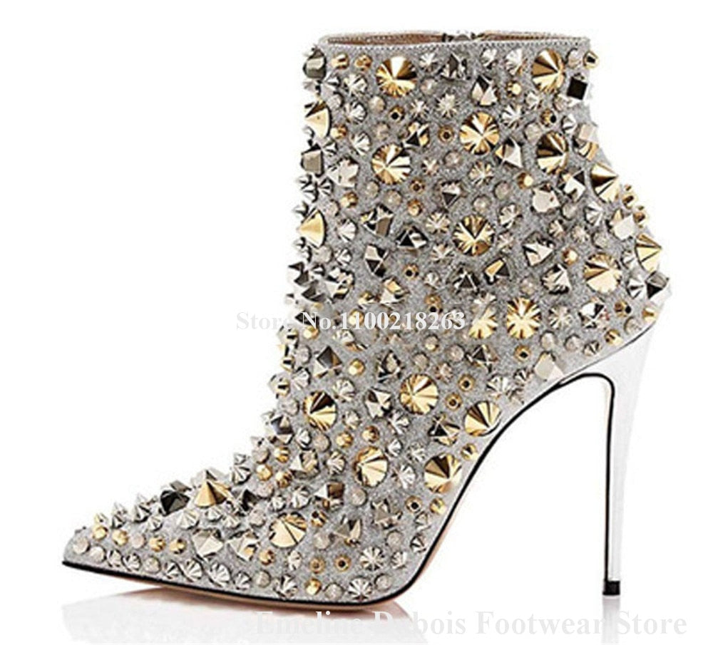 Metal Rivet Pointed Toe Gold Silver Black Studs Stiletto Heel Ankle Boots