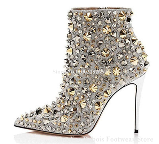 Metal Rivet Pointed Toe Gold Silver Black Studs Stiletto Heel Ankle Boots