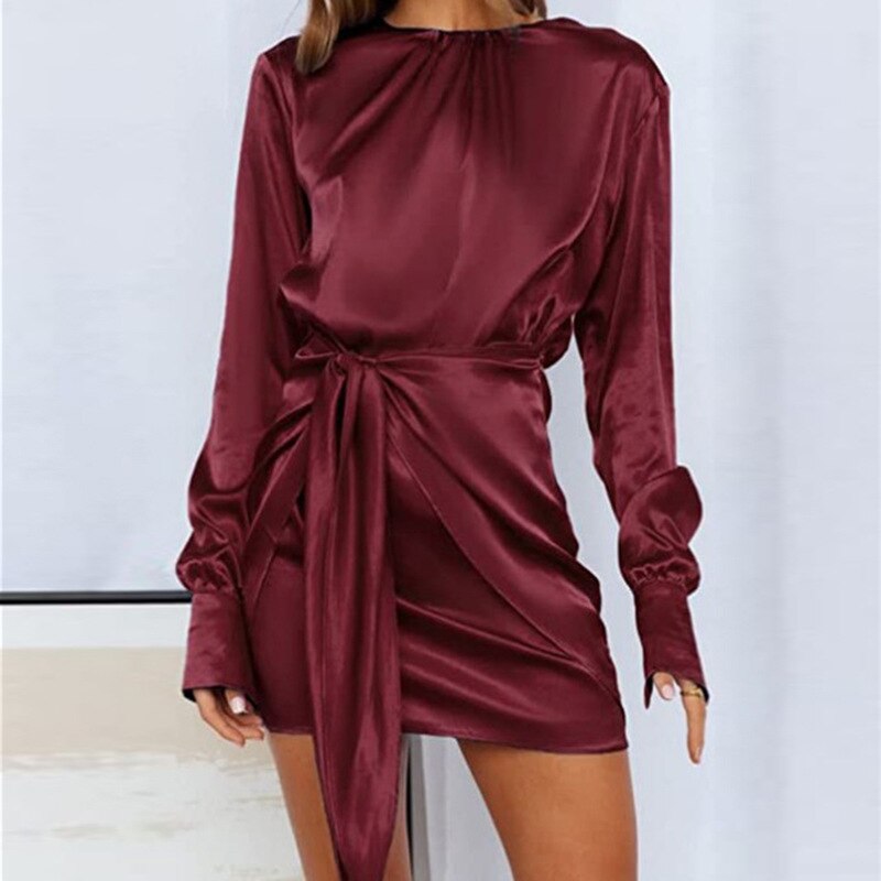 Satin Long Sleeve Round Neck Elastic Lace Dress w/ Belt