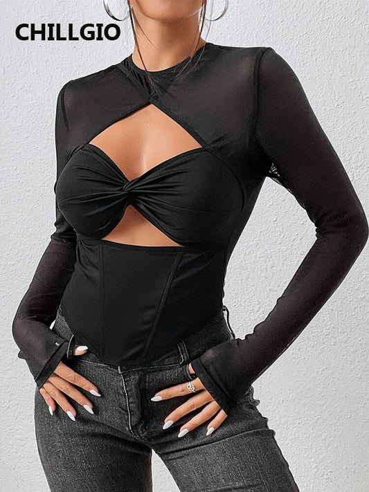 Cut Out Mesh Long Sleeve Bodysuit