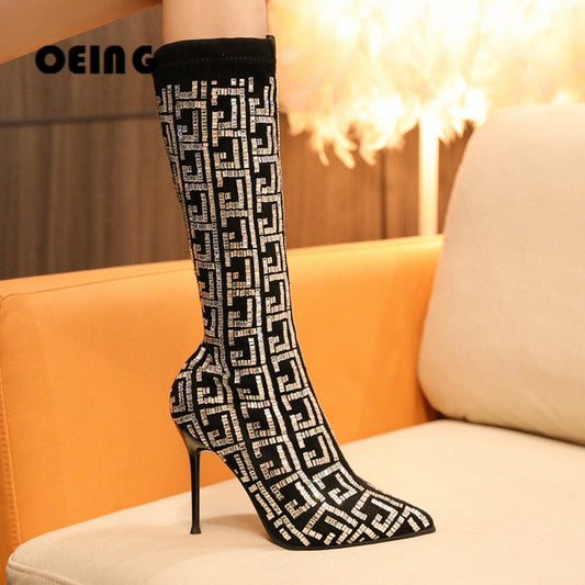 Geometric Print Pointed Toe Stiletto Rhinestone Stretch Slip On Boots