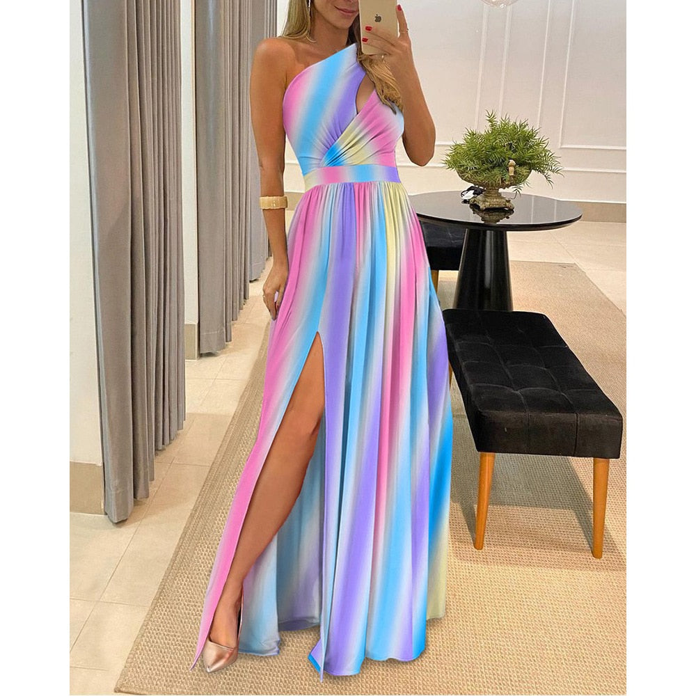 Asymmetrical Striped Rainbow Gradient/Solid One Shoulder Dress