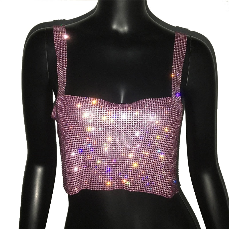 Metallic Glitter Backless Rhinestone Crystal Sequin Cropped Tank Top