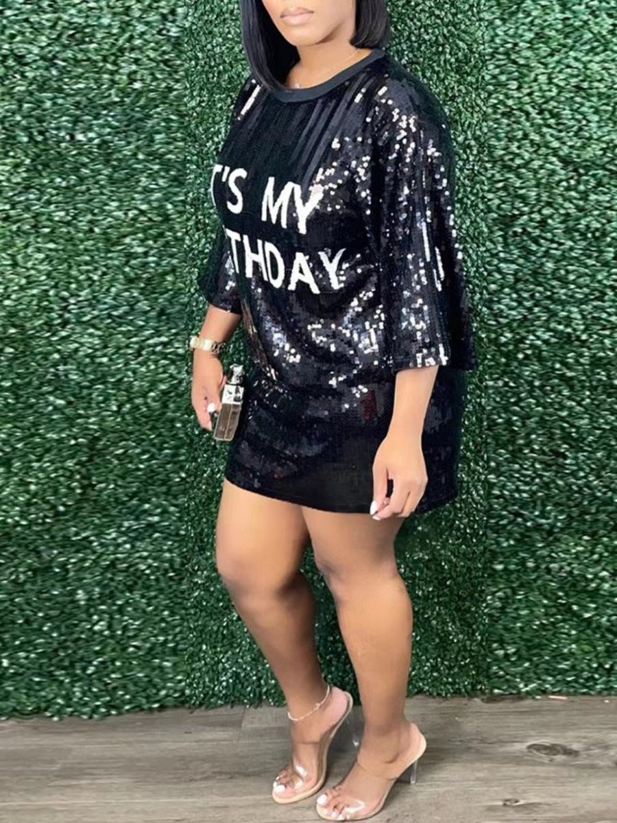 "IT'S MY BIRTHDAY" "DRINK BIRTHDAY BITCH" Sequined Letter Print Drop Shoulder Straight O-Neck  Plus Size Mini Dress to 5X