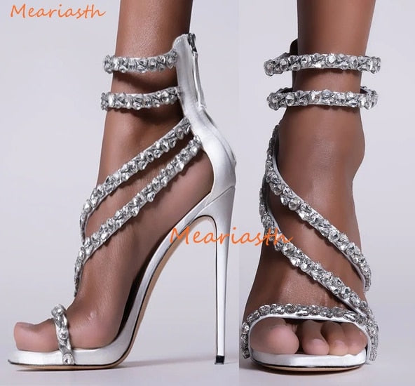 Gladiator Rhinestone Stiletto Heel Shoes Open Toe Crystal Sandal Pumps