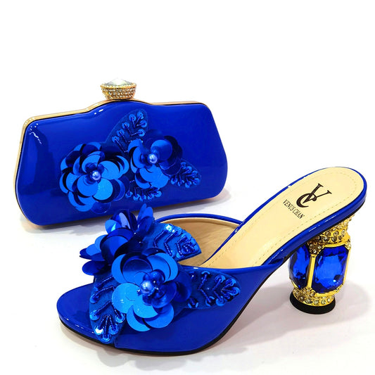 Women's Solid Color Rose Embellished Sandals w/ Matching Clutch Purse 2-Piece Set