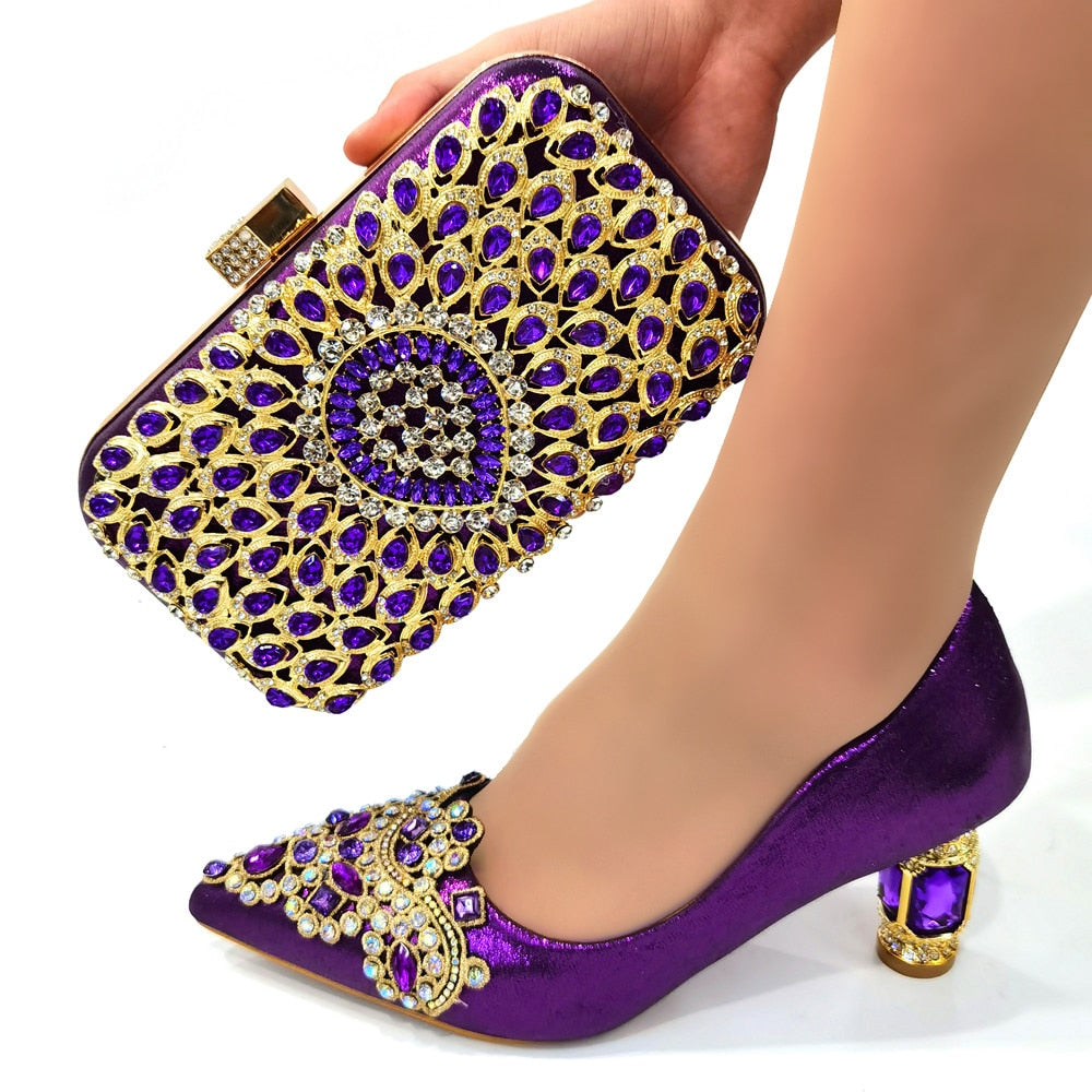 Italian Women's Catwalk Heels Pointed Rhinestone Embroidered Party Shoes & Bag Set