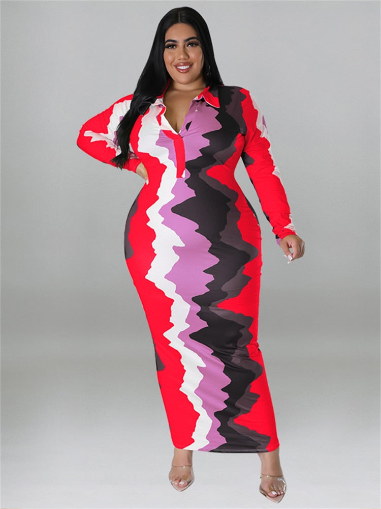 Tie-Dye Colorblock Turn Down Collar Long Sleeve V-Neck Maxi Dress Plus to 5X