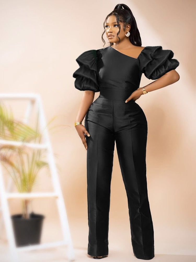 Asymmetrical Shiny Puff Sleeve Wide Leg Jumpsuit to 4X