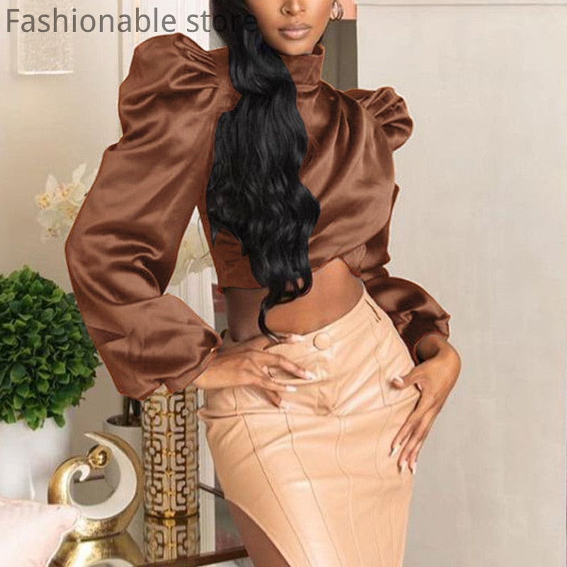 Elegant Solid Color Puff Sleeve Satin Blouse