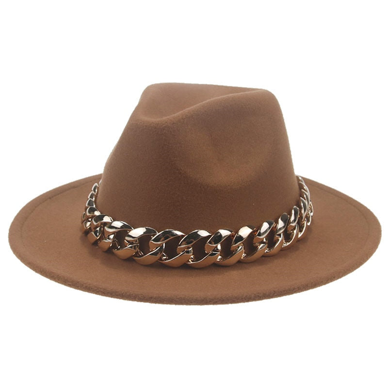 Unisex Gold Chain Design Wide Brim Panama Fedora Hat