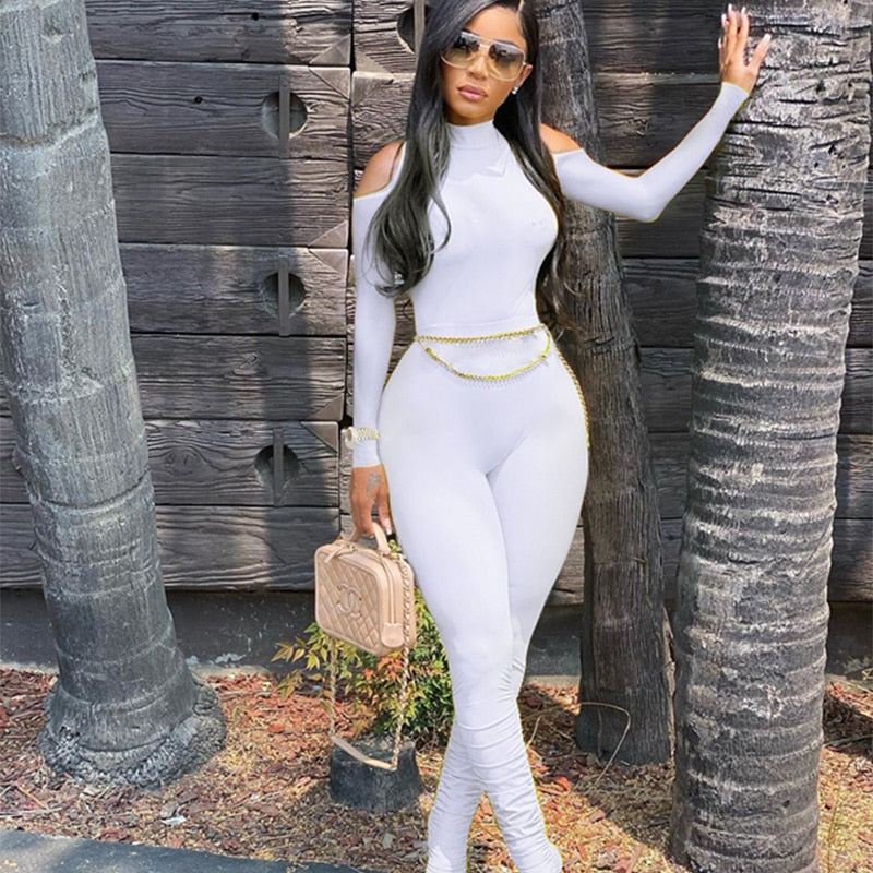 Open Shoulder Bandage Bodycon Long Sleeve Stacked Pant Jumpsuit