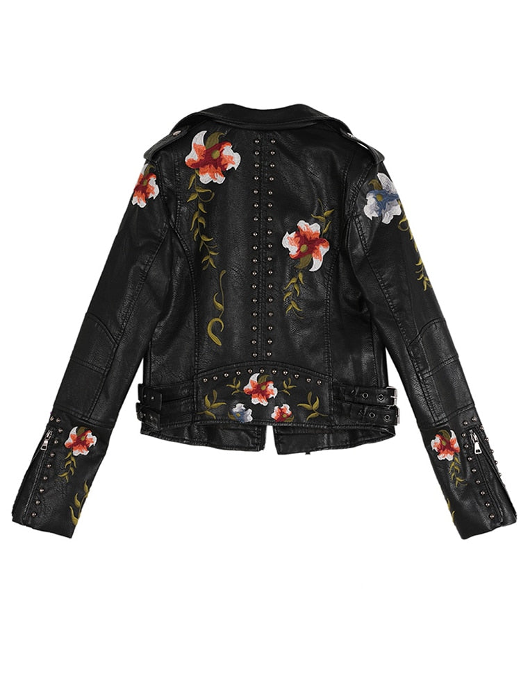 Women's Floral Embroidered Faux Leather Turn-down Collar Motorcycle Punk Jacket