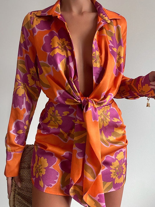 Floral Print Deep Plunge V-Neck Turn-Down Collar Long Sleeve Mini Shirt Dress w/ Sash Belt