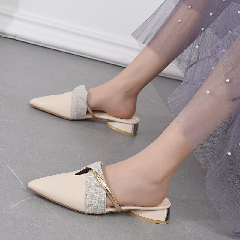 Low Heel Mule Pointed-Toe Slip On Flat Shoes