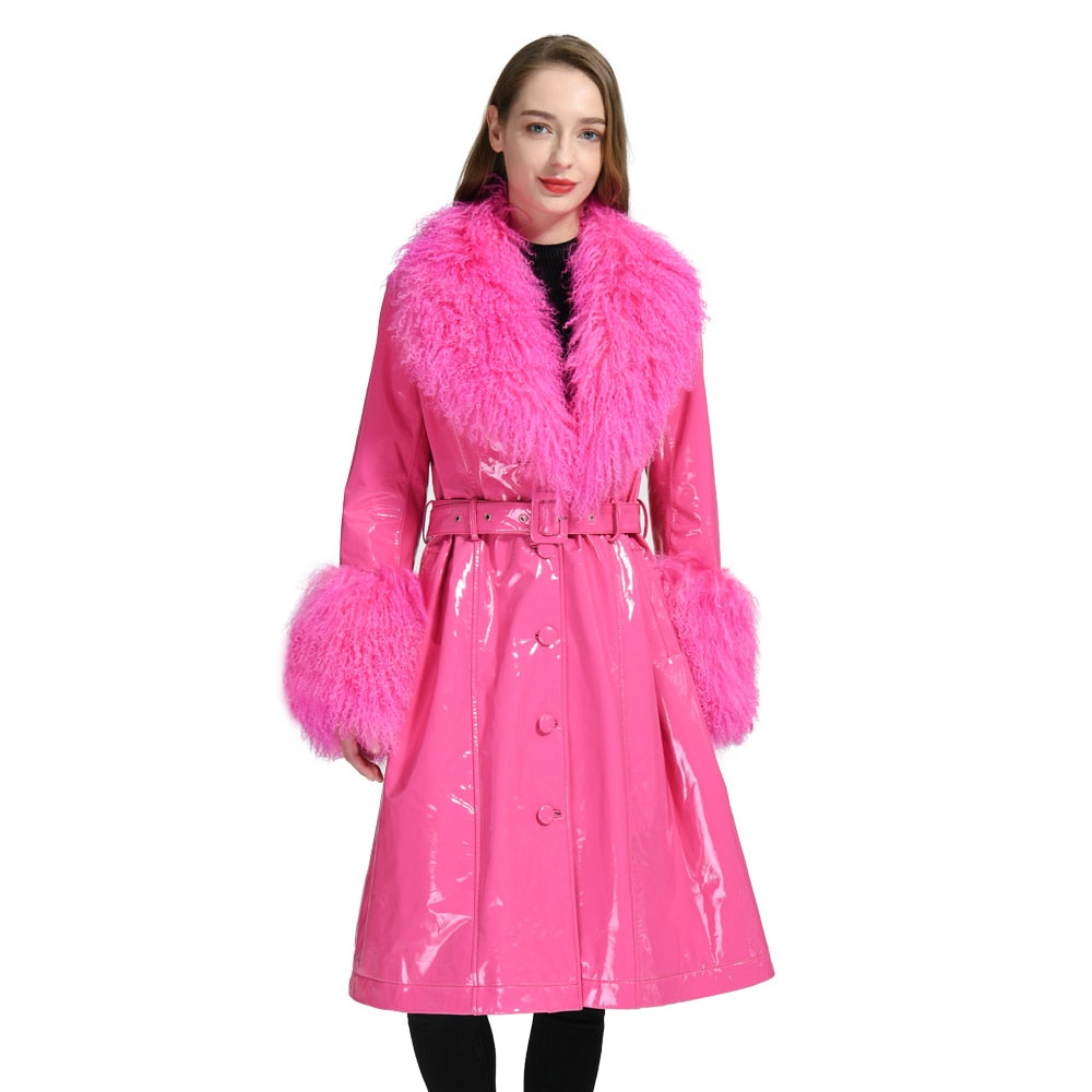 Genuine Leather Ladies Sheepskin w/ Real Fox Fur Collar Trenchcoat