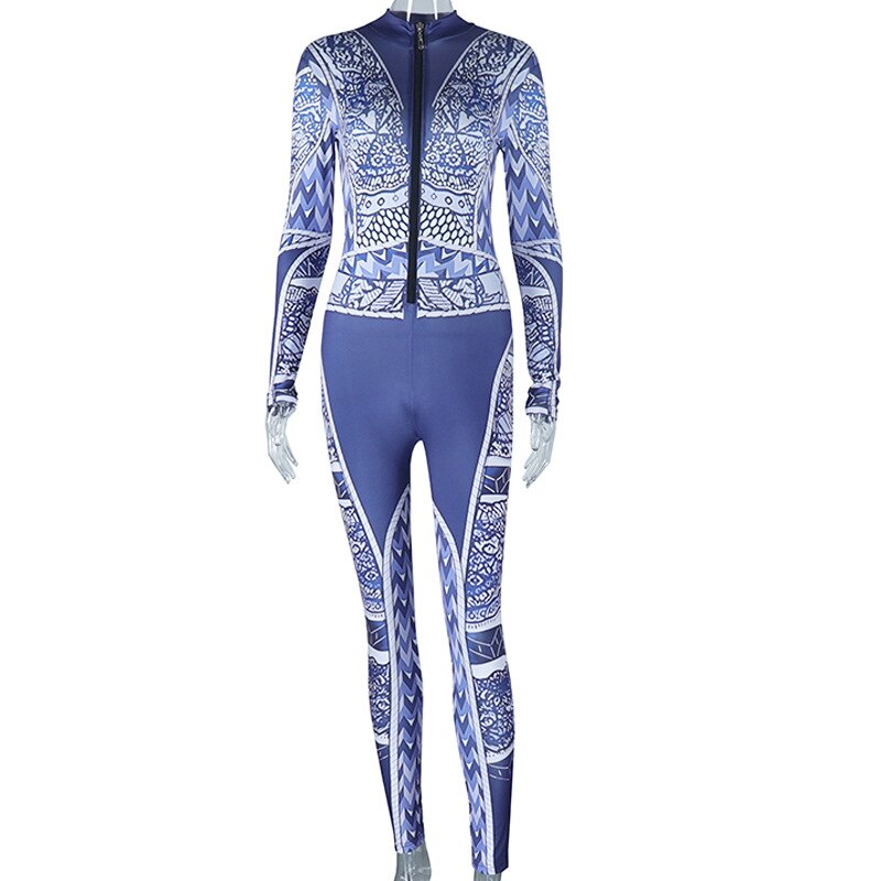 Aesthetic Print Zipper Long Sleeve Bodycon Jumpsuit