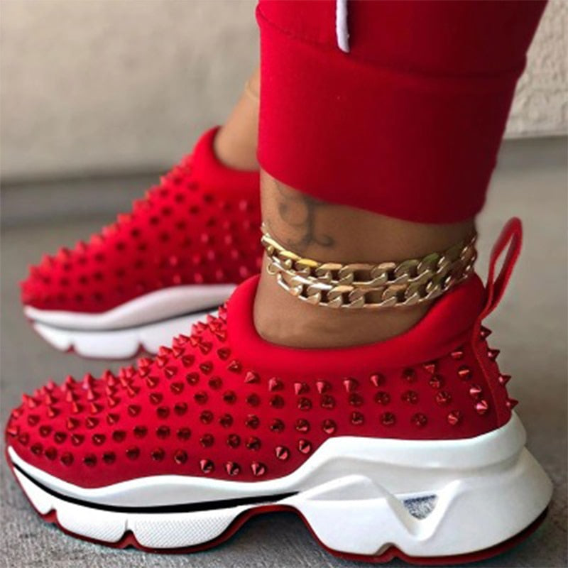 Vulcanized Riveted Platform Wedge Ladies Slip On Sneakers