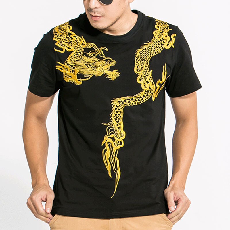 Men's Golden Dragon Embroidered Chinese Cotton T-Shirt