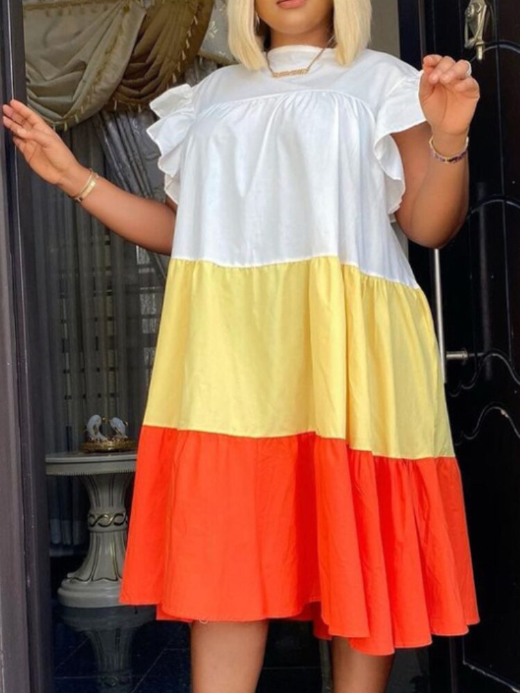 Colorblock Petal Short Sleeve Zipper Back White/Yellow/Orange Cotton Loose Plus Size Dress to 5X