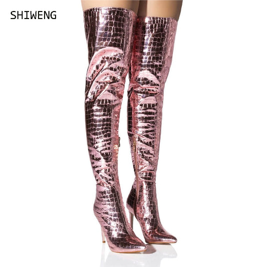 Pointed Toe Stiletto Thigh High Women's Winter Crocodile Pattern Zipper Vegan Over the Knee Boots