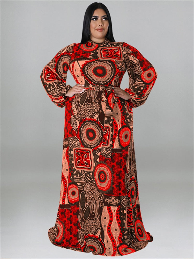 African Print Long Sleeve Maxi Dress Plus to 5X