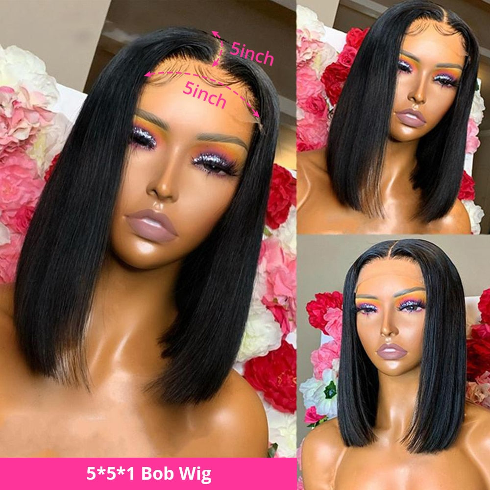 Short Bob Bone Straight Human Hair 180% Density Pre-Plucked 5x5x1 Malaysian Lacefront Wig