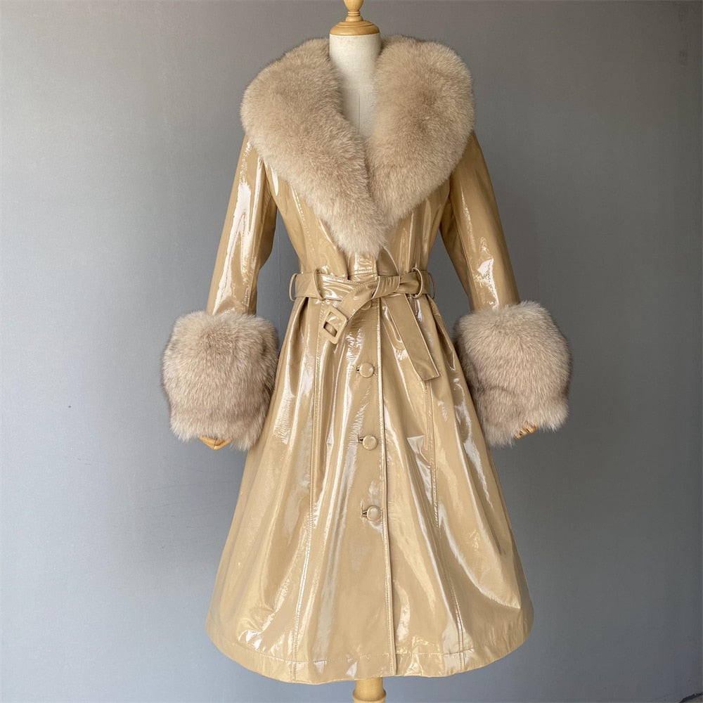 Genuine Leather Ladies Sheepskin w/ Real Fox Fur Collar Trenchcoat