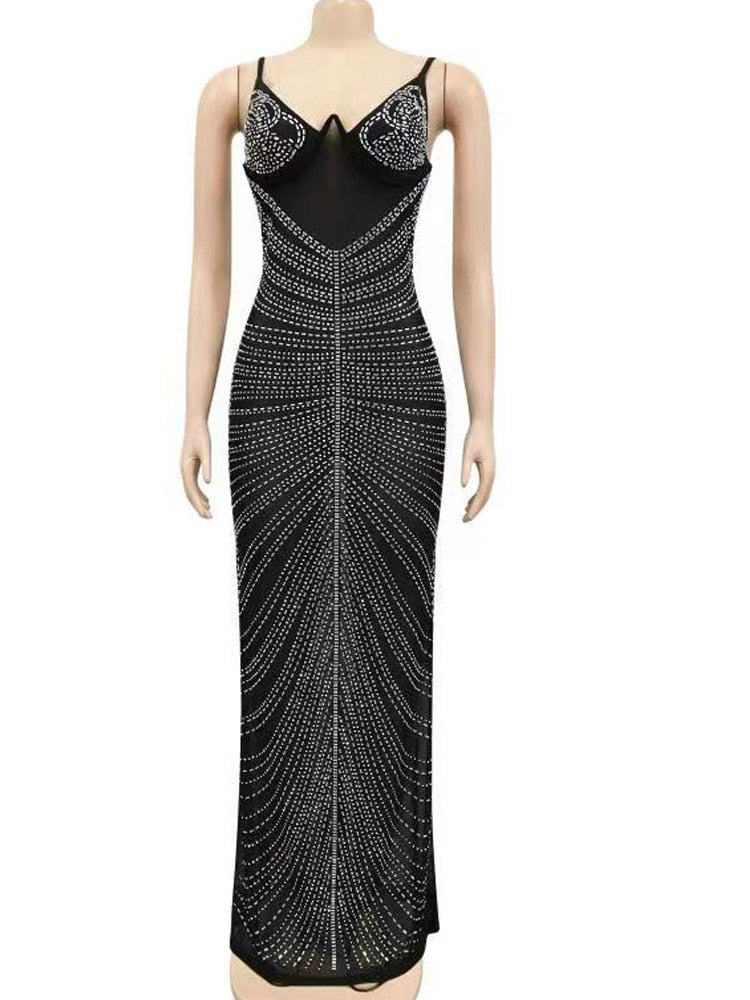 Mesh Sheer Rhinestones Spagetti Strap Crystal Maxi Dress Gown