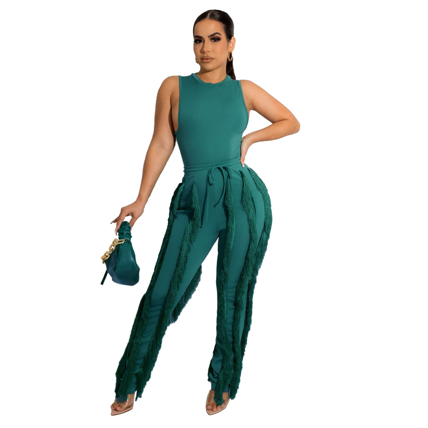 Sleeveless Top & Tassel Side Straight Pants 2-Piece Set