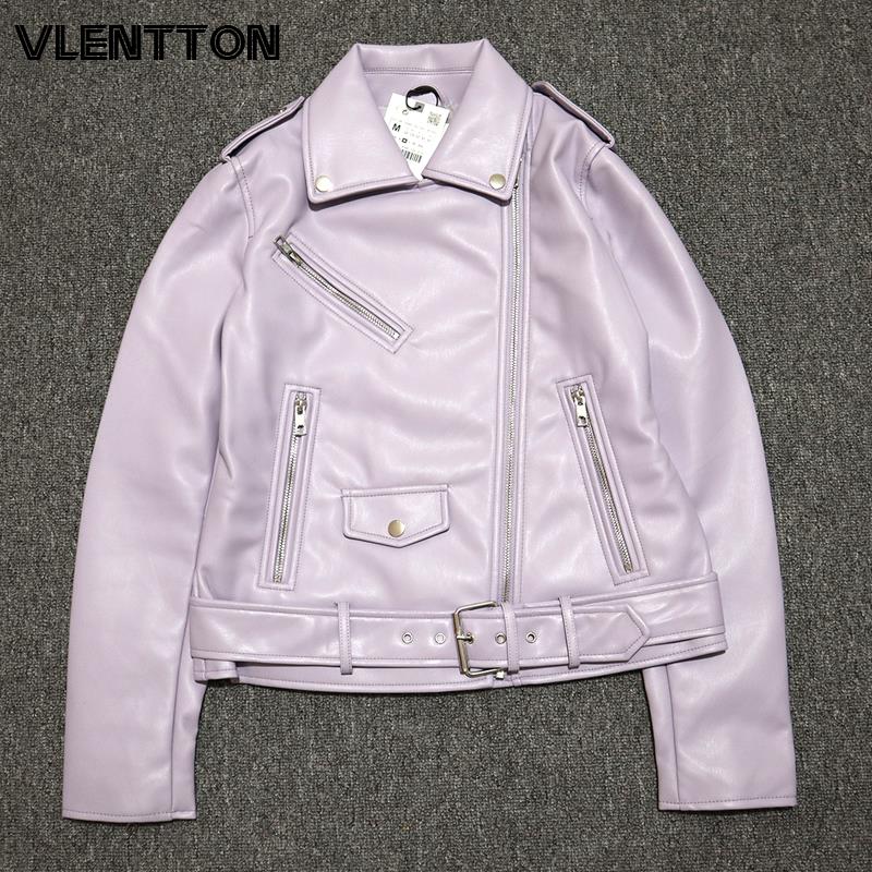 Faux Leather Ladies Biker Jacket Solid With Belt Zipper