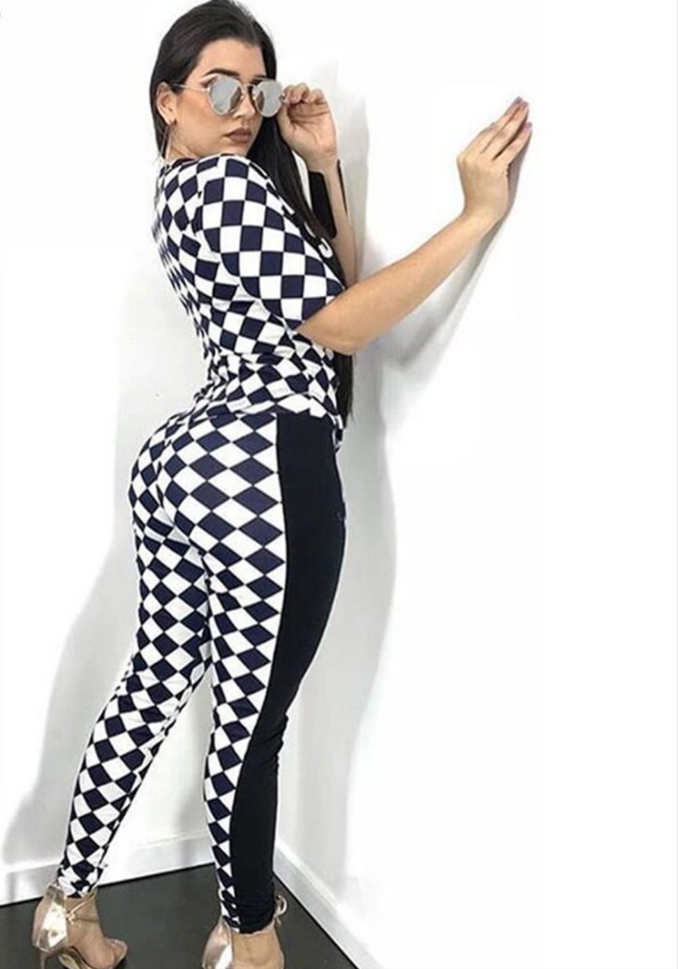 "Savage" Checkered Patchwork Crop Top + Pants Matching 2-Piece Set