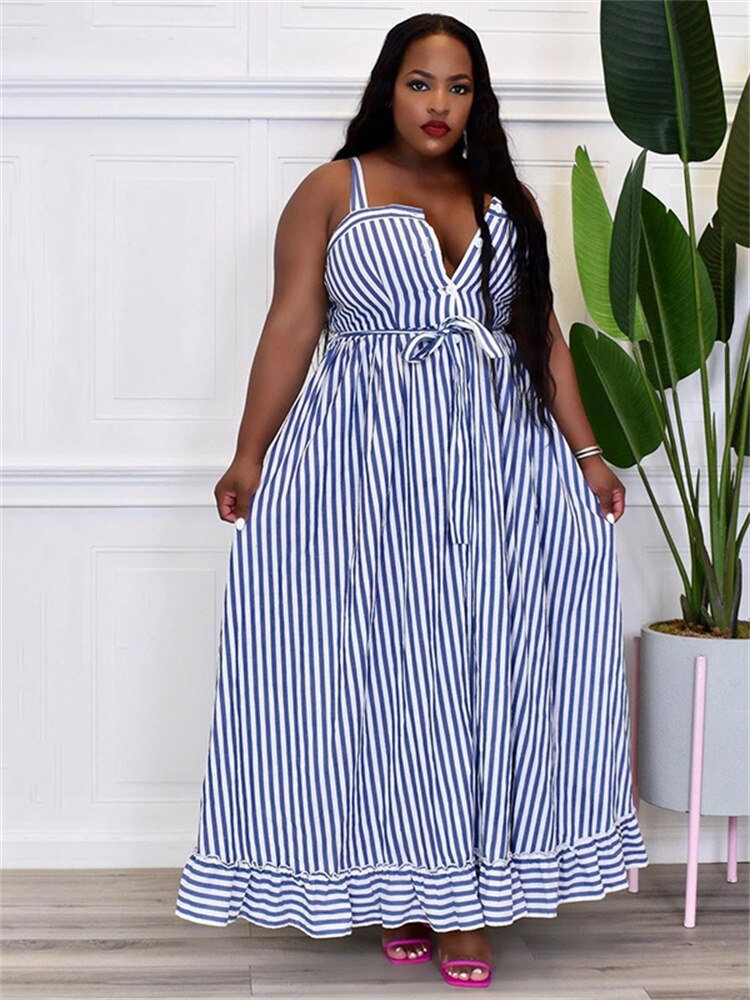 Striped Sash Loose Maxi Dress