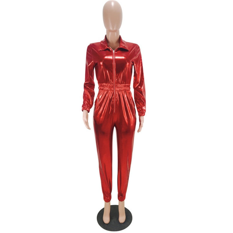 Faux Leather Turn Down Collar Zipper Long Sleeve Jumpsuit