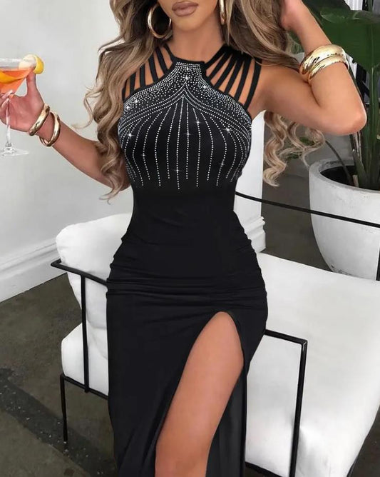 Rhinestone Multi-Strap High Slit O-Neck Sleeveless Maxi Dress